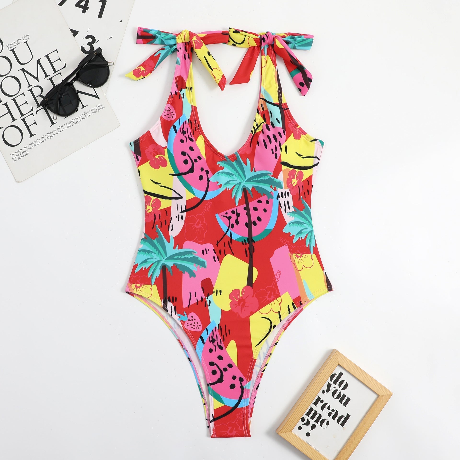 Multi Color Printed Heart Collar Bow Ladies Triangle One Piece Beauty Back Sexy Swimsuit Bikini Bella Mia